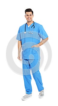 Full length portrait of medical doctor with stethoscope isolated