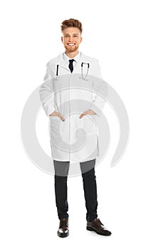 Full length portrait of medical doctor with stethoscope isolated on