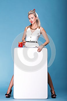 Full length Portrait pretty woman tea white board