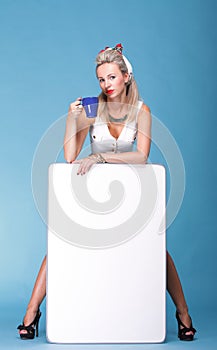 Full length Portrait pretty woman tea white board