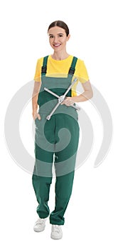 Full length portrait of professional auto mechanic with lug wrench on white background