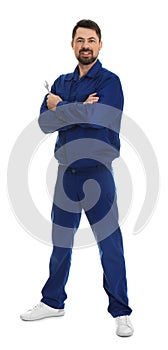 Full length portrait of professional auto mechanic with wrench on background