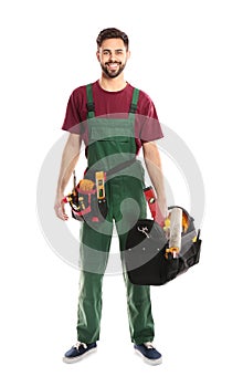 Full length portrait of professional construction worker with tools