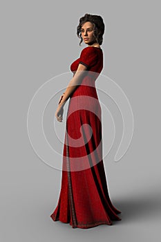 Full length portrait render of a beautiful dark haired woman wearing a red Regency style dress