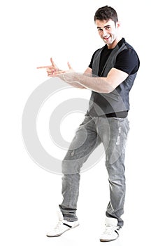 Full length portrait school boy show demonstrate isolated