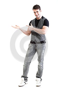 Full length portrait school boy show demonstrate isolated