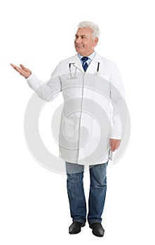 Full length portrait of senior doctor on background