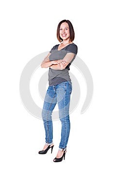 Full length portrait of smiley woman over white