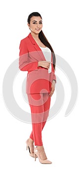 Full length portrait of smiling businesswoman on white