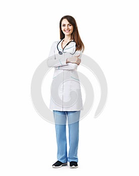 Full length portrait of smiling doctor with arms crossed isolate