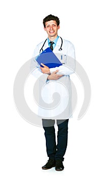 Full length portrait of a smiling male doctor holding a notepad