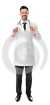 Full length portrait of smiling male doctor isolated on white. Medical