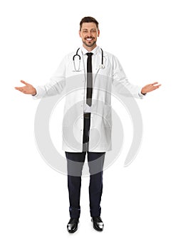 Full length portrait of smiling male doctor. Medical staff