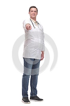 Full length portrait of smiling mid adult doctor giving presentation