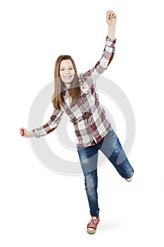 Full length portrait of smiling teenage girl with raised hands up