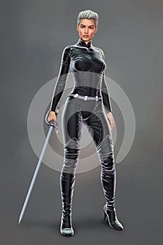 Full length portrait of a woman in a black bodysuit holding a sword