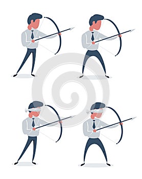 Full length portrait of a young businessman aiming with a bow and arrow isolated on white background. Set. Flat design