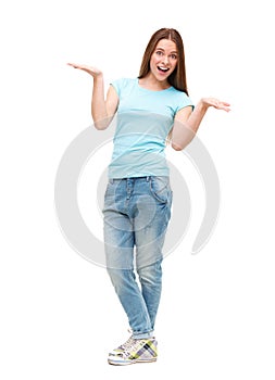 Full length portrait of young girl in casual clothing isolated