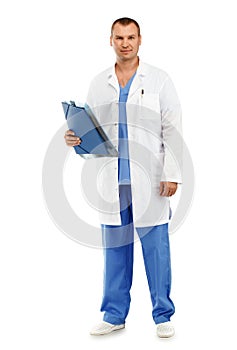 Full-length Portrait of a young male doctor in a white coat and
