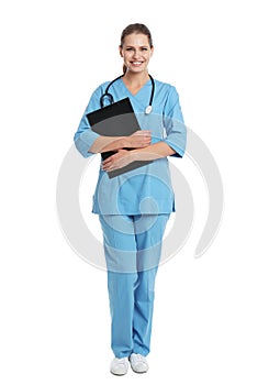 Full length portrait of young medical assistant with stethoscope and clipboard
