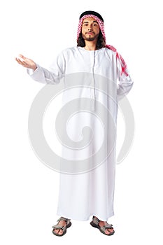 Full-length portrait of young middle-east man in thobe dress on white background
