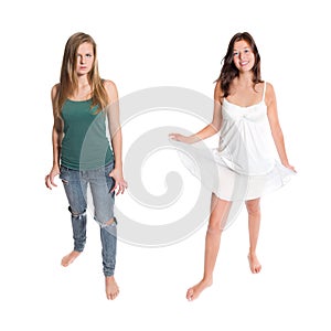 Full length portraits of two beautiful young women wearing casual clothes