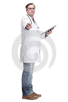 full-length. qualified doctor with clipboard. isolated on a white