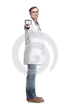 full-length. qualified doctor showing his visiting card.