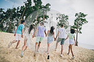 Full length rear behind portrait of group positive excited people hold hands running sand beach outdoors