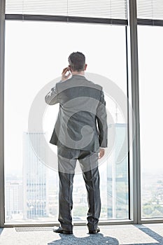 Full length rear view of mature businessman using cell phone white standing near window