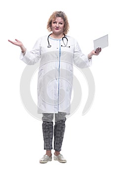 full-length. senior female doctor with a digital tablet.