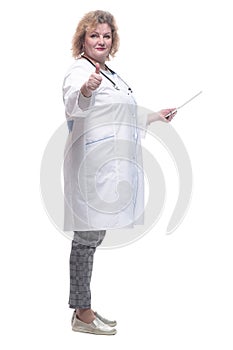 full-length. senior female doctor with a digital tablet.