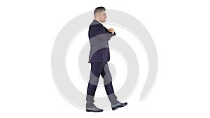 Business man walking counting euro bills on white background.