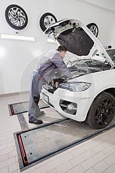 Full length side view of male automobile mechanic repairing car engine in repair shop