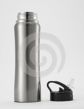 Full length silver color aluminium waterbottle.