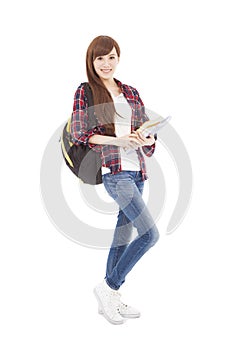 Full length smiling college student girl standing