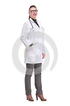 Full length of smiling medical doctor woman with stethoscope