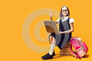 Full length smiling pupil sits on the stack of books with laptop shows thumb up. Kids education.