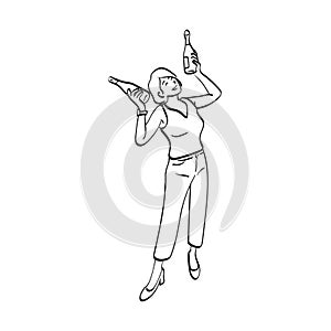 Full length of smiling woman holding two champagnes illustration vector hand drawn isolated on white background line art