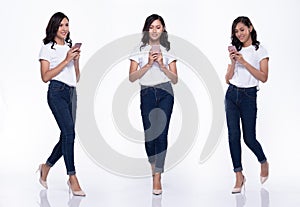 Full Length Snap Figure, Asian Woman wear casual white shirt blue jean, she 20s walks in many poses direction while chit chat on