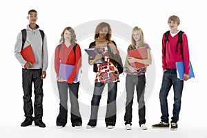 Full Length Studio Portrait Of Five Teenage Studen