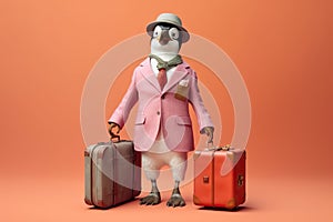 Full-length studio portrait of happy pinguin with a luggage ready for vacation, created with Generative AI technology