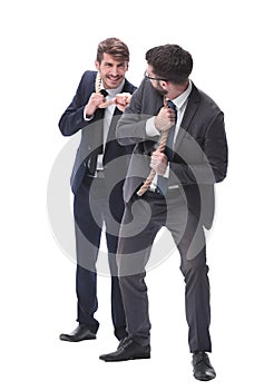 Full length . two businessmen pulling a long rope.