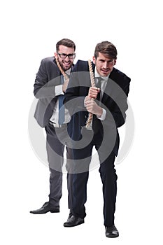 Full length . two businessmen pulling a long rope.