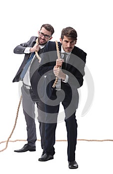 Full length . two businessmen pulling a long rope.