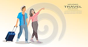 Full length vector illustration of young couple travel, summer holidays vacation
