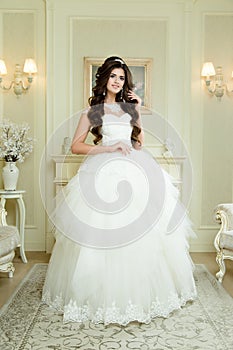 Full length view on beautiful woman posing in a wedding dress.