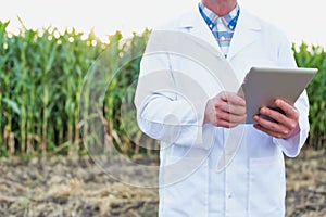 Full length view of crop scientist wearing lab coat while using digital tablet against corn plant growing in field