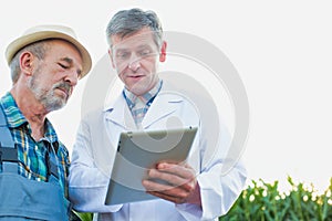 Full length view of crop scientist wearing lab coat while using digital tablet against corn plant growing in field