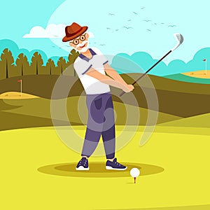 Happy Elderly Vigorous Bearded Man Playing Golf photo